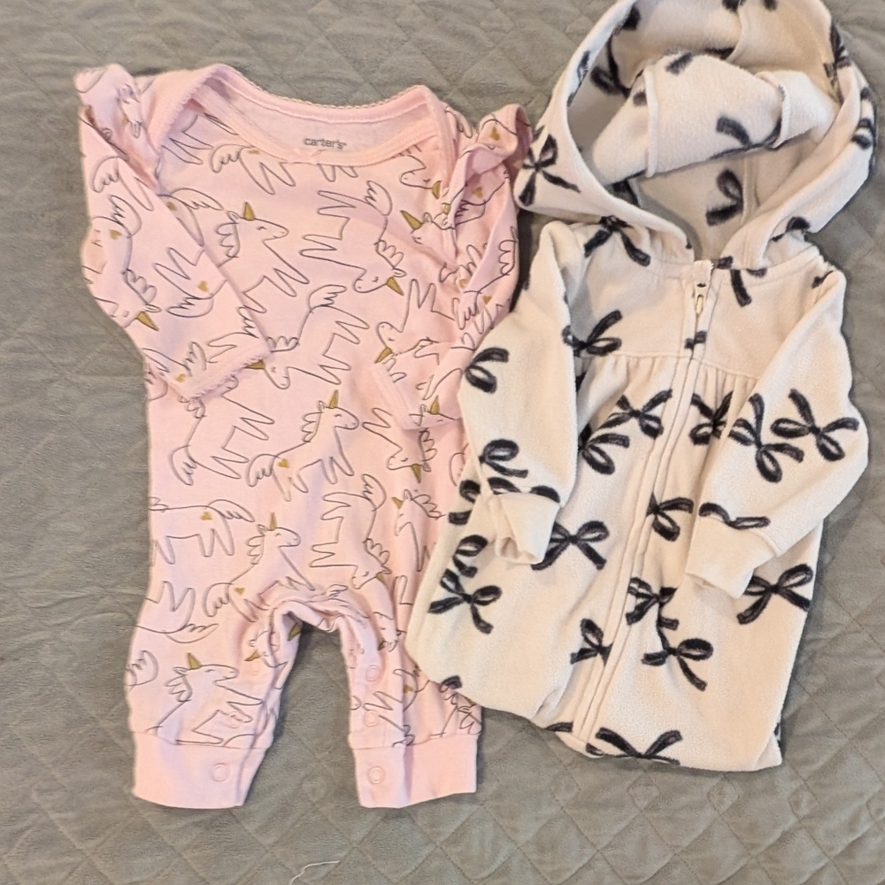 Carter's 3M Pink Unicorn One Piece and Cream Bow Hoodie Set